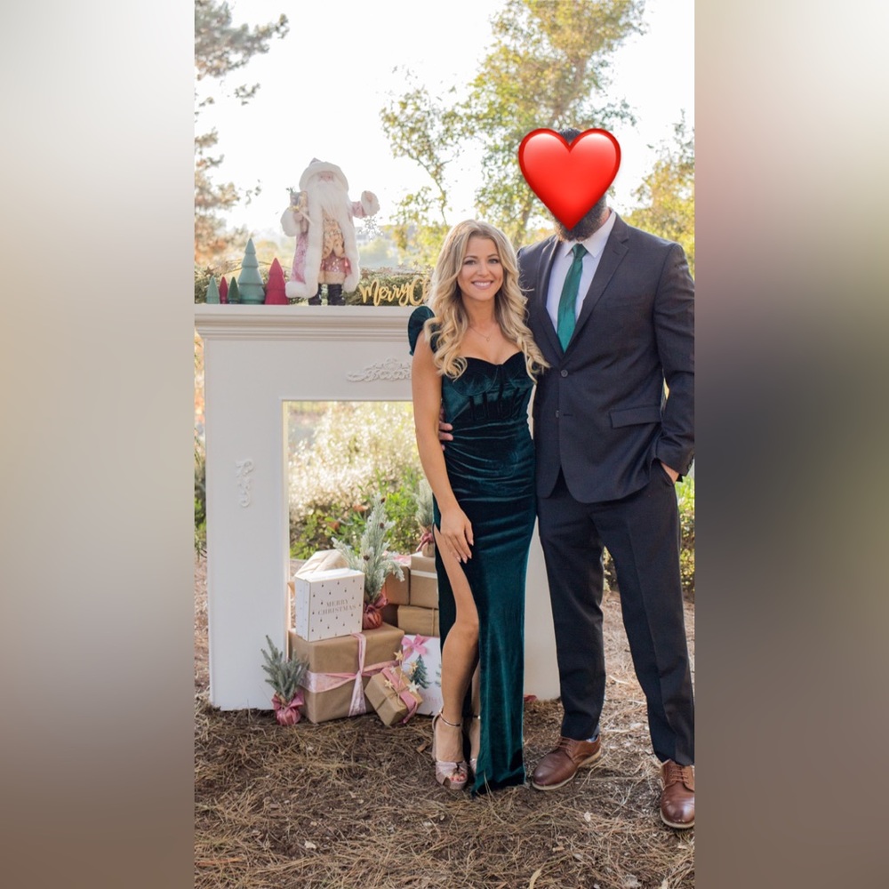 Emerald green flutter sleeve high slit velvet dress